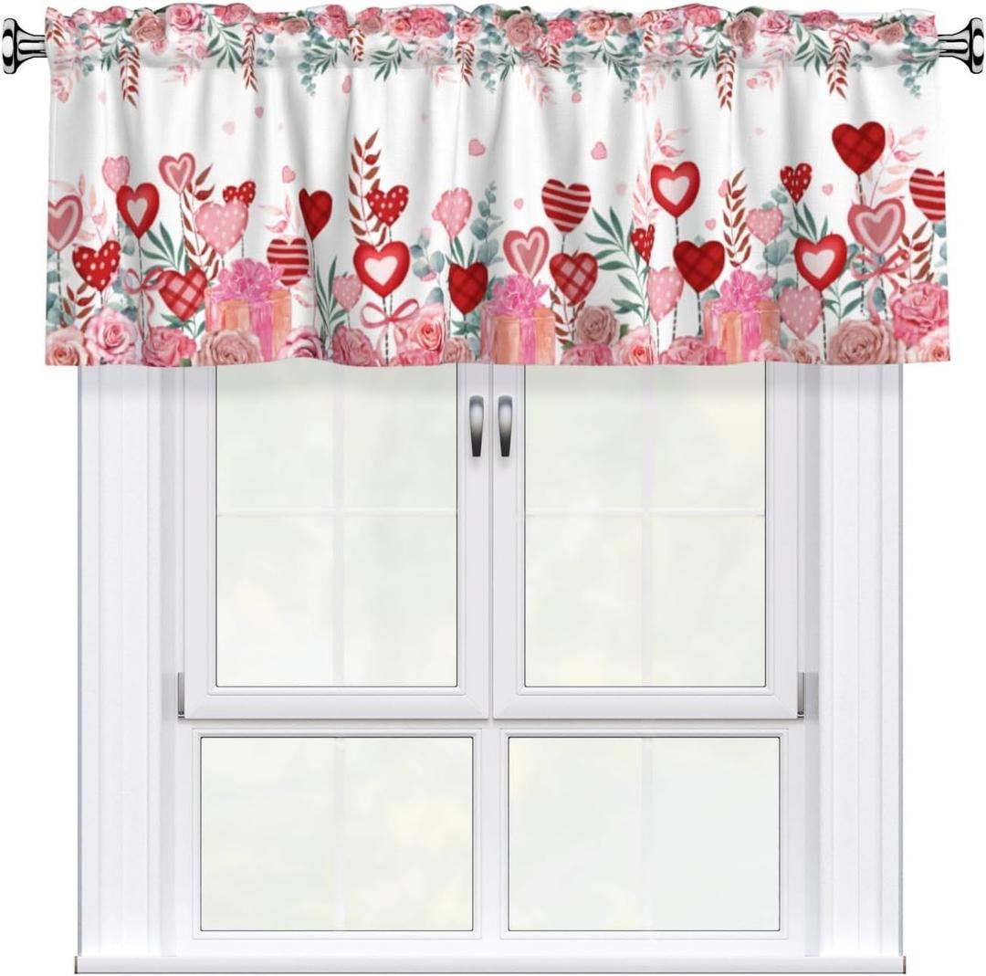 Miaoquhe Pink Rose Valentine's Valance for Window 54"x18", Valentine's Day Floral Leaf Kitchen Curtain Short Red Pink Love Heart Small Window Treatment Rod Pocket Cafe Valance for Home Bedroom Decor