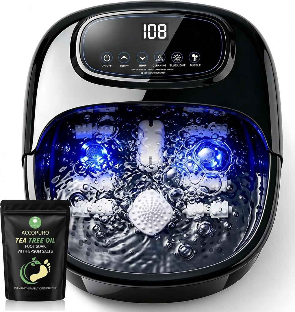 Foot Soaking Tub with Ozone UV, Foot Spa Bath Massager with Heat and Bubbles, Custom Temp Control, Pressure Rollers for Tired Feet, Gift Set for Parents Couples (Black)