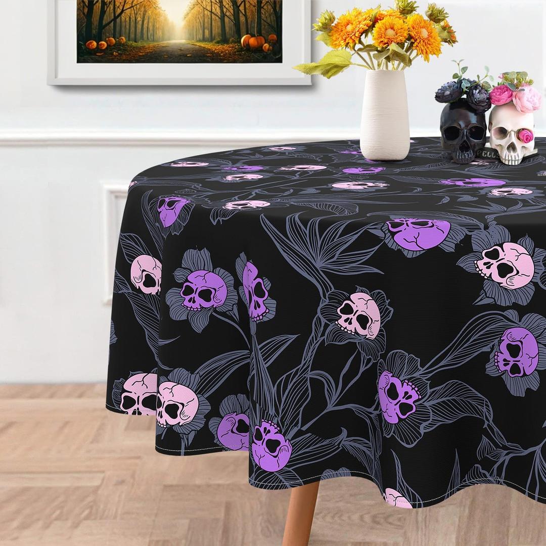 Halloween Goth Skull Tablecloth, Gothic Skeleton Table Cloth Waterproof, Halloween Kitchen Table Decor for Dining Holiday Party 60x60 Inch Round