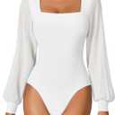 Avidlove Women Puff Long Sleeve Bodysuit Mesh Square Neck Thong Sexy Body Suits Double Lined Leotards (Large, White)