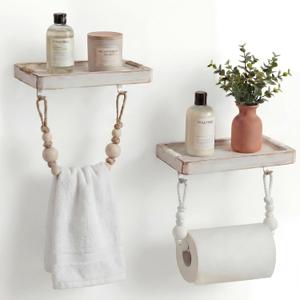 2 Pack Farmhouse Toilet Paper Holder with Shelf Boho Rope Bathroom Decor Rustic White Wooden Bead Hemp Rope Towel Rack Towel Tissue Roll Holder for Bathroom Washroom