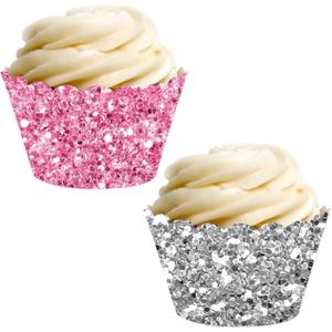 Andaz Press Party Cupcake Wrapper Decorations, Pink And Silver Glitter Paper, 24-Pack, Bulk Cake Supplies Pink Cupcake Wrappers Girl Baby Shower 1st Birthday, Not Real Glitter Silver Cupcake Wrappers