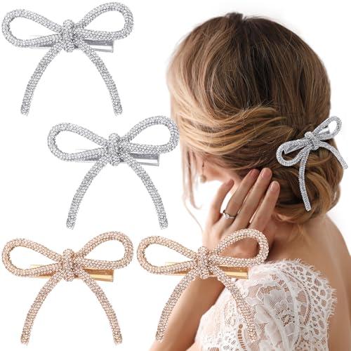 Daifunli 4 Pcs Bow Hair Clips Sparkly Crystal Rhinestone Bling Bowknot Clips Silver and Gold Barrette Hairpin Headwear Gifts for Women Girls Weddings Brides Birthdays and Valentine Gifts