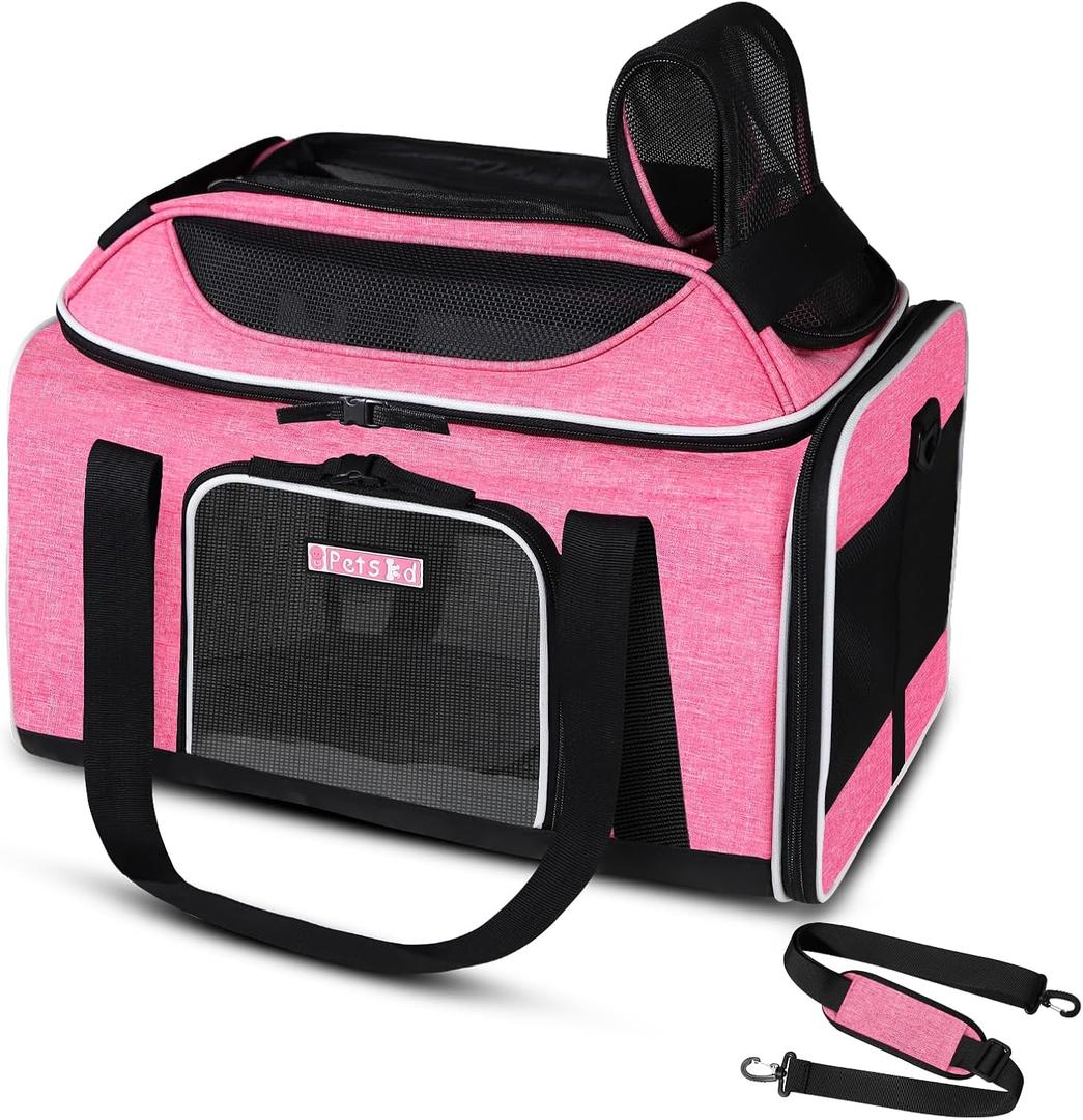 Petskd Top-Expandable Pet Carrier 18x11x11 Inches Delta American United Airline Approved, Soft-Sided Carrier for Small Cats and Dogs with Locking Safety Zippers and Anti-Scratch Mesh (Pink)