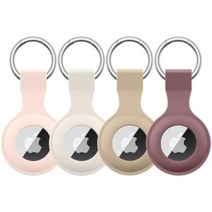 4 Pack Airtag Case Holder for Apple Air Tag, Airtag Case with Anti-Lost Keychain, Silicone Protective Cover for Kids' Backpacks, Dog Collars, Luggage, Multi-Color Protective AirTag Accessories (Milk tea + smoky purple + pink sand + starlight)