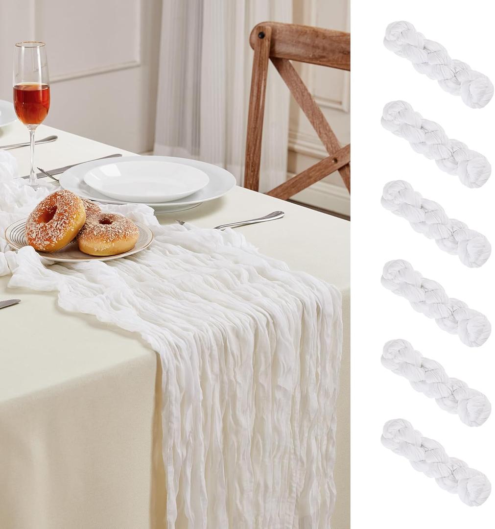 6 Pack White Cheesecloth Table Runner 10FT Long Boho Gauze Table Runner Rustic Sheer Runner for Wedding Bridal Baby Shower Birthday Party Table Decor Thanksgiving Christmas Decorations