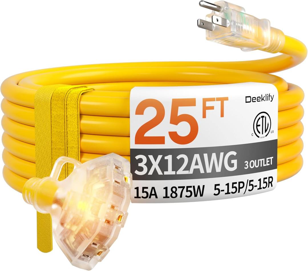 25 ft 12 Gauge Heavy Duty 3 Outlet Extension Cord Splitter with Indicator, Waterproof Outdoor Extension Cord with Multiple Outlets, 15A 1875W for Garden, ETL Listed, Flexible Yellow SJTW