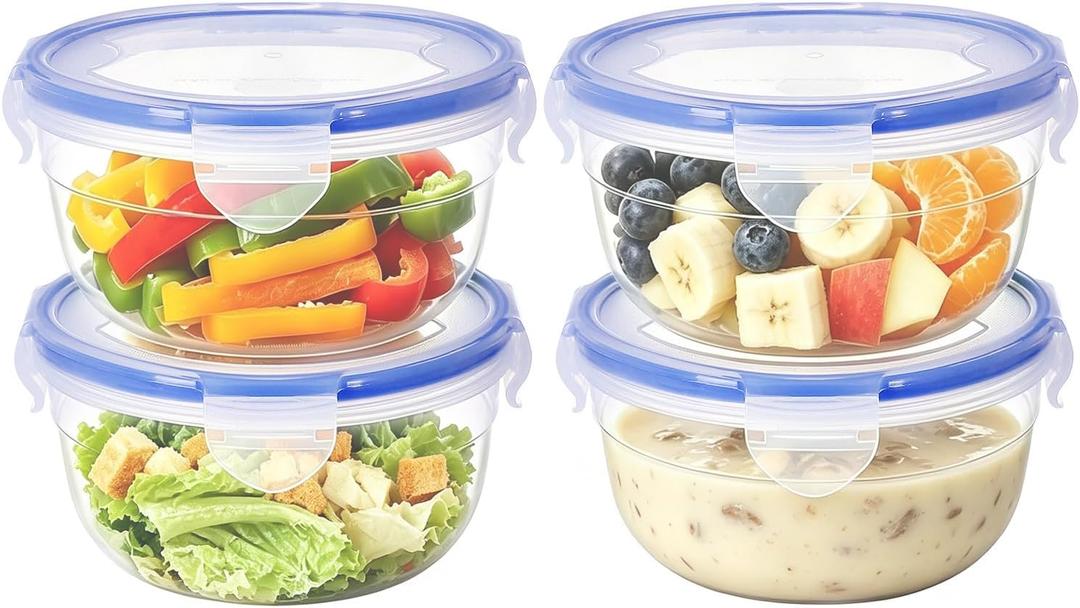 KIGI 4 PACK 20oz Plastic Round Bowls with Lid Leakproof Food Storage Container Set Small Meal Prep Containers Bento Box