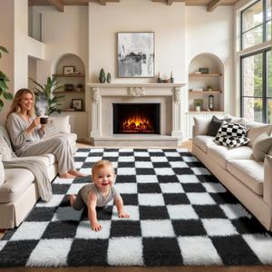KICMOR 6x9 Area Rugs for Living Room Bedroom, Large Black and White Checkered Fuzzy Fluffy Shag Shaggy Carpet, Big Plush Soft Floor Rug for Kids Boys Girls Teen Dorm Nursery Home Decor Aesthetic
