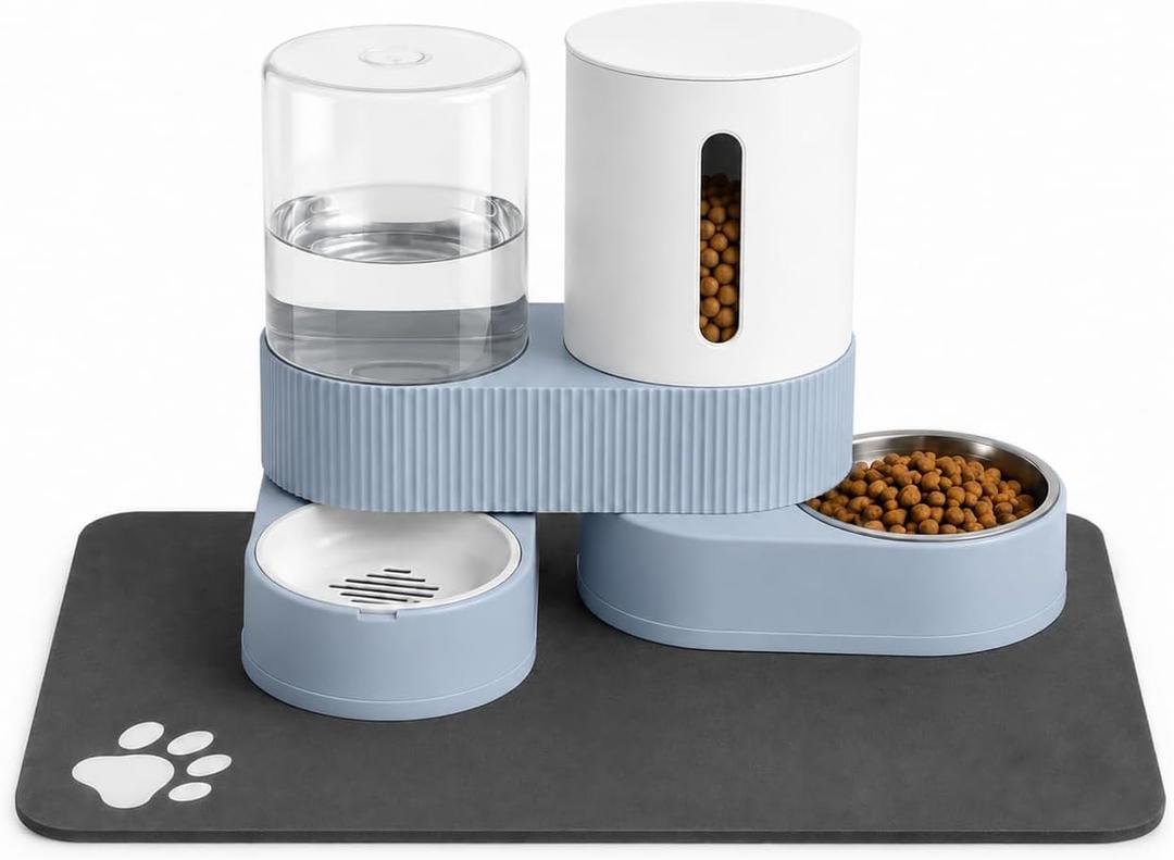 Gravity Cat Feeder 2 Pack Automatic Food Feeder Stainless Steel Water Dispenser Set 360 Degree Rotatable Pet Bowls with Silicone Mat for Cats Small Medium Dogs, Large Capacity(Blue)