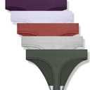 GRANKEE Women's High Waisted Breathable Seamless Thong Panties,No Show Workout Underwear,Comfortable Cotton Crotch, 6 Pack (Medium, Black/Caramel/Purple/Olive Green/Lavender/Light Grey)