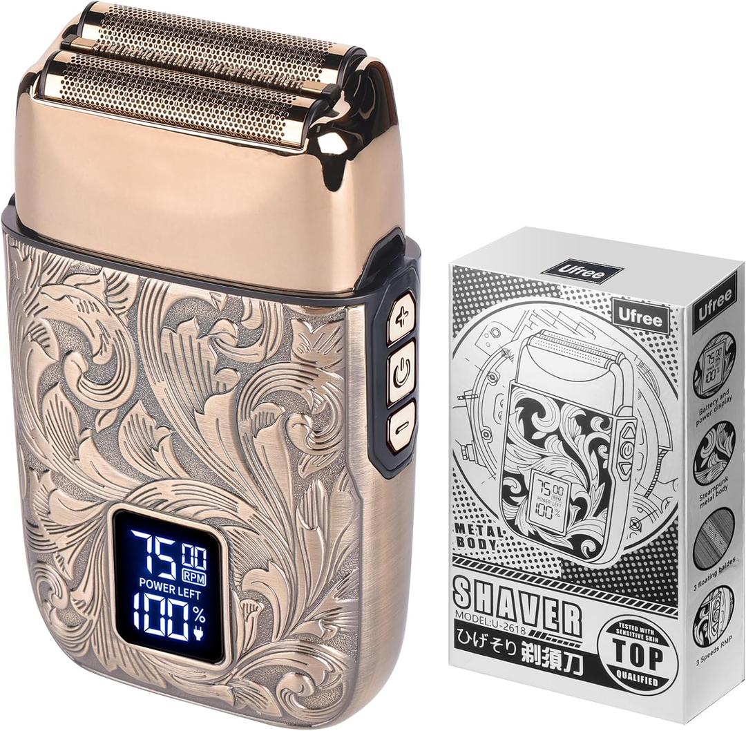 Ufree Close Shave Electric Foil Shavers for Men, 3-Speed Electric Razor, Bald Head Shavers, Face Shaving Beard Trimmer with LCD Display, Gifts for Men (Gold)