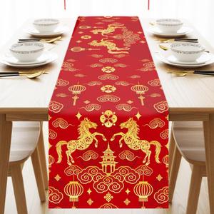 Red Gold Happy Chinese New Year Table Runner Zodiac Horse Lunar New Year Decorations 2026 for Spring Festival, Washable Dining Table Decor Placemats for Home Party Kitchen Celebration 13x90 Inch