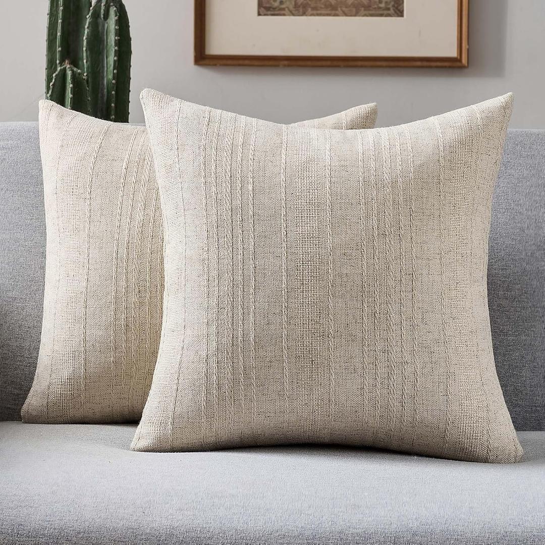 FUTEI Oatmeal Decorative Throw Pillow Covers 18x18 Inch Set of 2,Soft Linen Striped Texture Cushion Case,Farmhouse Home Decor for Couch Bed Living Room
