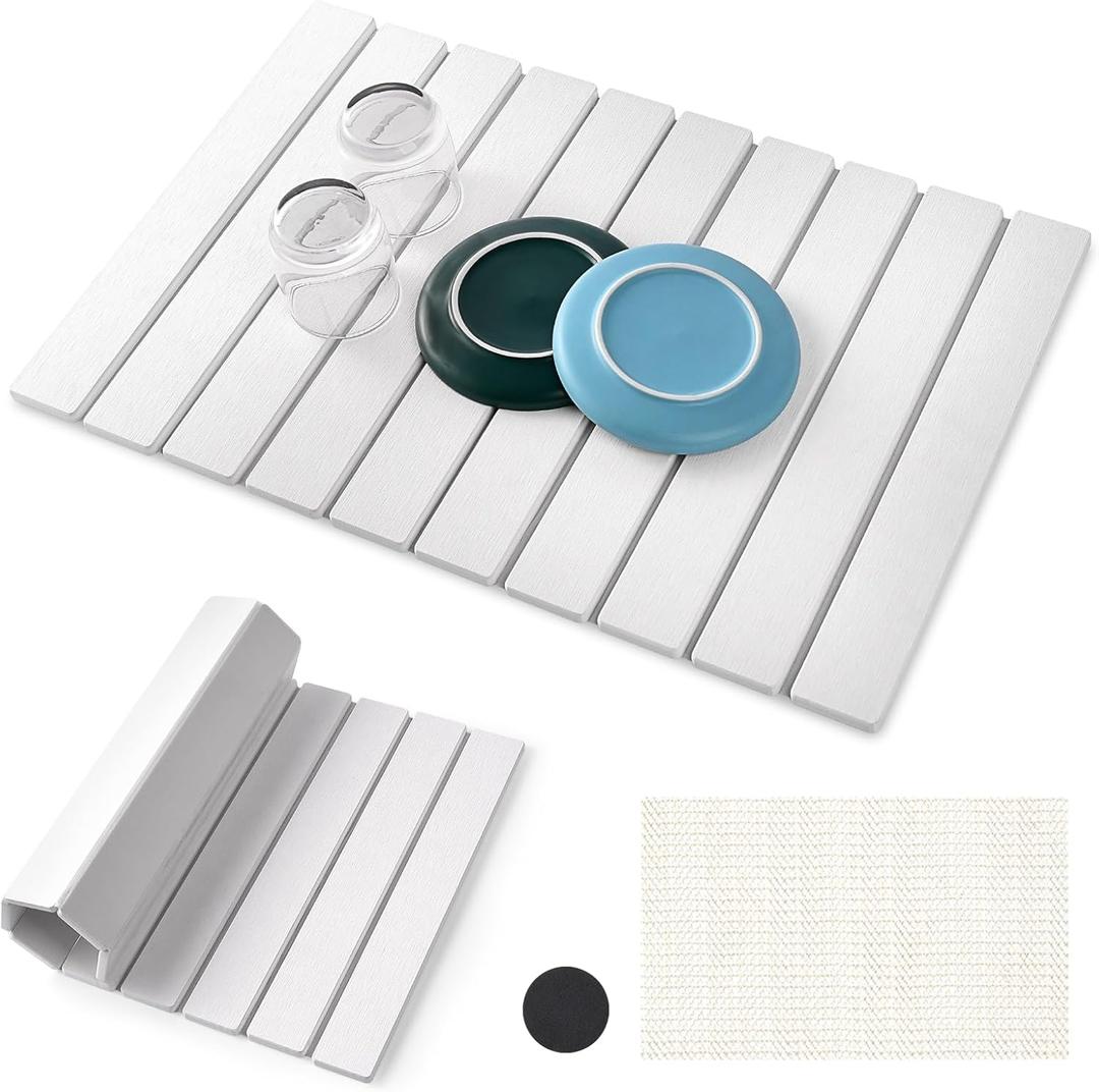 Stone Drying Mat for Kitchen Counter, Large Quick Dry Stone Dish Drying Mat Collapsible, Foldable Diatomaceous Earth Absorbent Bath Mat for Dishes Utensils Countertop Bathroom 23"(L)15.3"(W)