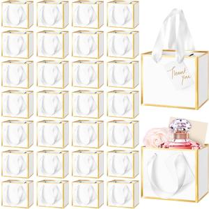 Yeaqee 50 Pcs Mini Metallic Gift Bags with Handles 4x4.75x2.25'' Tiny Thank You Favor Bag with Tag for Women's Day St. Patrick's Wedding Spring Easter Welcome Baby Shower Birthday (White,Gold)
