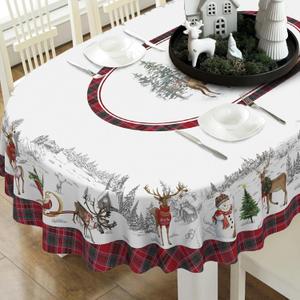 Christmas Tablecloth Waterproof Fabric Christmas Table Cloth for New Year's Day and Xmas Home Decoration - 54" X 72" Oval (White-deer)