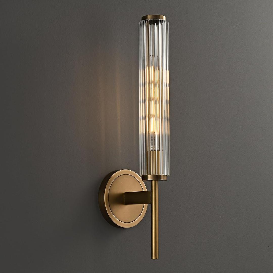 18.9" Solid Brass Wall Sconce with Ribbed Groove Glass Tube - Gold Wall lamp Includes Bulbs - Modern Brushed Copper Wall Sconces for Bathroom, Living Room, Hallway, Staircase, Mirror