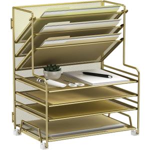 4-Tier Paper Organizer + 3-Pocket File Holder + Drawer + Pen Holders, Desktop File Organizers Paper Tray for Office Supplies School Classroom Organization (Gold, no Drawer & Pen Holder)