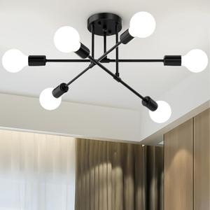 Modern Sputnik Chandelier Ceiling Light Fixtures, 6-Lights 22 Mid Century Industrial Metal Semi Flush Mount for Dining Room, Bedroom, Living Room-Black