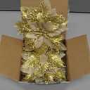 GREENTIME 12 Pcs Glitter Poinsettia 5.5" Artificial Flowers Christmas with Clips Stems Xmas Tree Ornaments for New Year Party Stairs Fireplace Porch Balcony Garden Church Wreath Decoration (Golden)