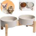 Elevated Ceramic Dog Bowl Set - Raised Feeding Bowls with Non-Slip Bamboo Stand - Small Pet Dishes for Food and Water - Ideal for Cats and Puppies - 16.23 OZ - 2 Cups - 480 ML (Grey)