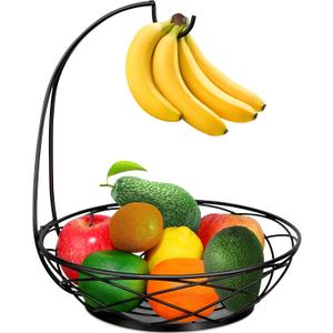 Fruit Bowl with Banana Hanger - Fruit Basket for Kitchen Counter with Holder - Black Chrome