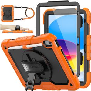 SEYMAC stock Case for iPad (A16) 11th/10th Generation 11''/10.9'' 2025/2022, Full-Body Drop Protection Case with Screen Protector &360 Rotate Hand Strap/Stand, Black+Orange