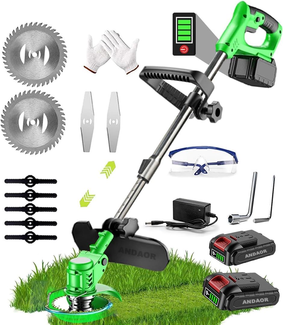 Weed Wacker Electric Cordless, 24V Weed Eater Battery Operated, 800W Brush Cutter with 2 4.0Ah Batteries, Lightweight Grass Trimmer with 3 Types of Cutting Blades for Lawn Yard (AUS-H189)