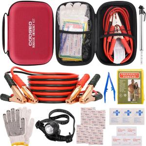 Car Roadside Emergency Kit with Battery Jumper Cables,Car Accessories for Men or Women,Automotive Safety Kit for Car,Vehicle, Truck or SUV,Gifts for Men or Him,Red (9 Pcs)