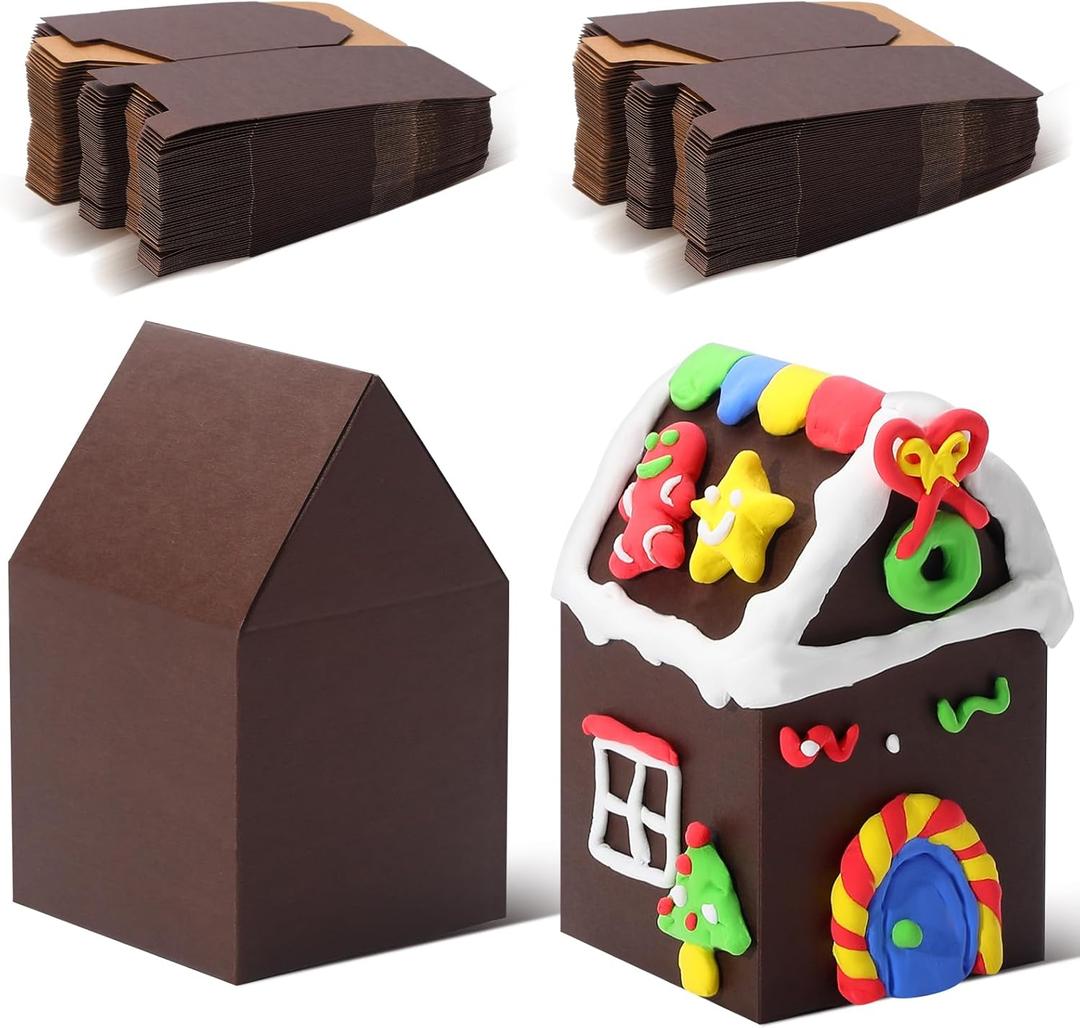 COTOPHER 100 Pack Christmas Gingerbread House Box Cardboard, 2.95x2.95x4.92 In House Shaped Boxes Kit DIY Crafts, Xmas Candy Houses for Christmas Party Supplies Decor Snack Packaging (Dark Brown)