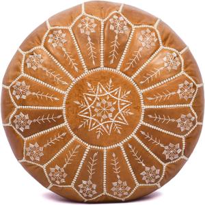 Moroccan Leather Handmade Pouf Ottoman Cover, Unstuffed Foot Stool, Round Boho Footrest for Living Room, Bedroom, Home Decor Gift (Brown By White)