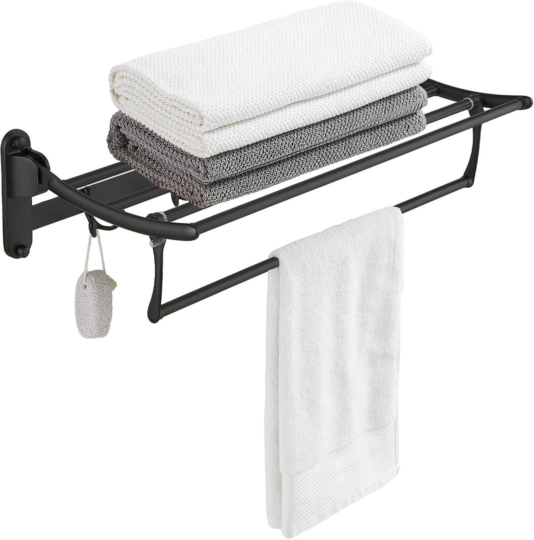BESy 24 Inch Matte Black Towel Racks, Bathroom Towel Shelf with Foldable Towel Bar Holder and Towel Hooks, Wall Mounted Multifunctional Bathroom Accessories, Double Towel Bars