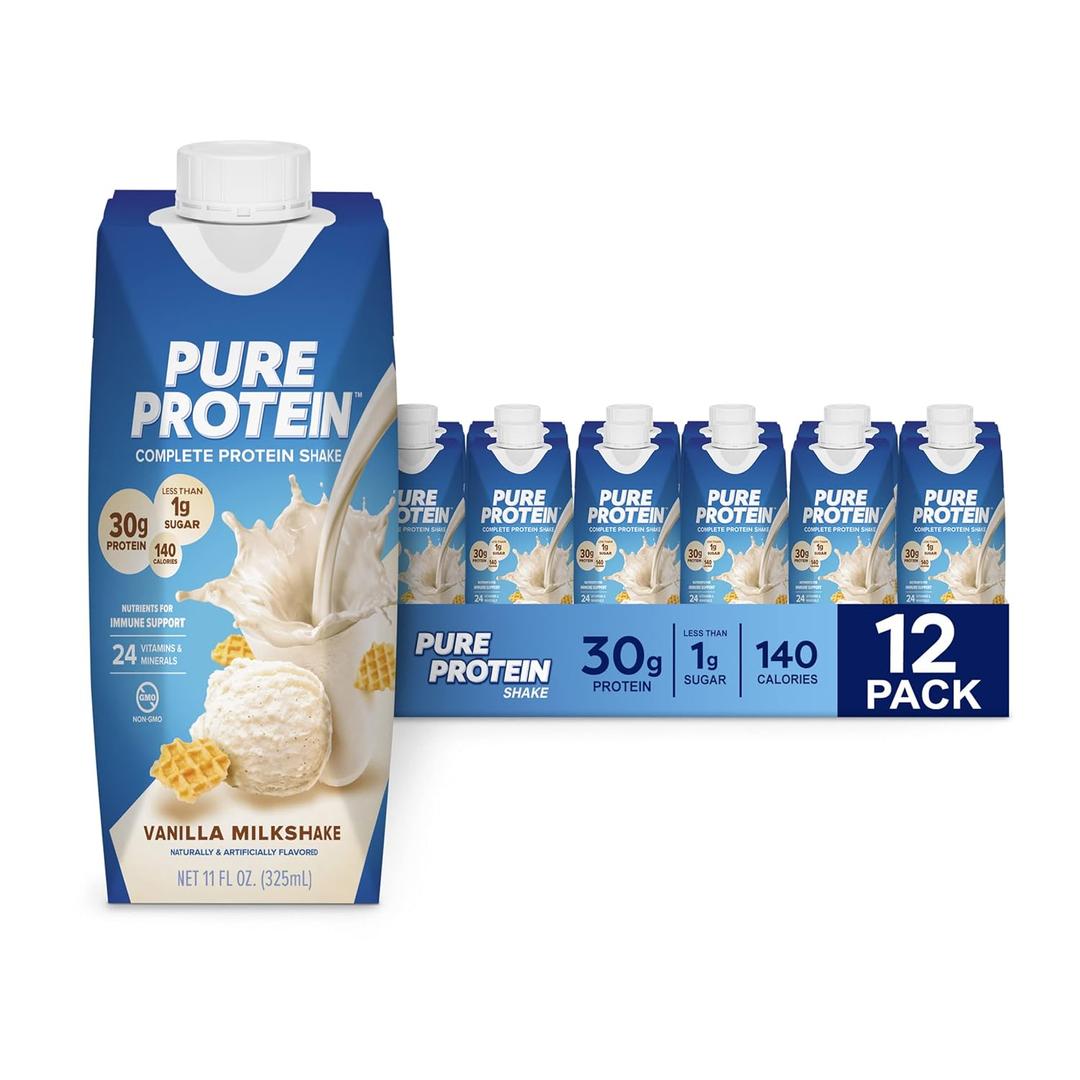 Pure Protein Vanilla Protein Shake, 30g Complete Protein, Vitamins A, C, D, and E plus Zinc to Support Immune Health, Ready to Drink and Keto-Friendly, 11oz Bottles, 12 Pack (EXP 04/27/26)