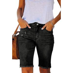 Necooer Women Jean Shorts Ripped Casual Summer Mid Waist Stretchy Five Points Denim Jean Shorts (Black, M)