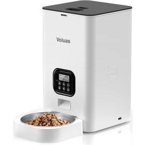VOLUAS Automatic Cat Feeders - Pet Food Dispenser for Dry Food, Timed Cat Feeder with Desiccant Bag, Programmable Portion Size Control 4 Meals Per Day, 10s Voice Recorder (White Opaque)