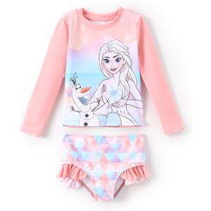Disney Mickey and Friends Girl Two Piece Long Sleeve Swimsuit Rashguard Bathing Suit (6 Years, Disney Elsa-Pink)