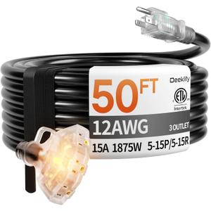 50 ft 12 Gauge Heavy Duty 3 Outlet Extension Cord Splitter with Indicator, Waterproof Outdoor Extension Cord with Multiple Outlets, 15A 1875W for Home & Workshop, ETL Listed, Black SJTW