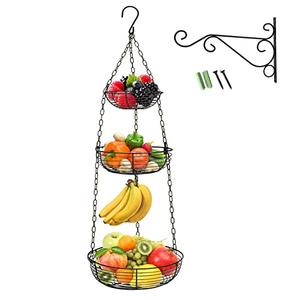 HULISEN 3 Tier Hanging Fruit Basket with Banana Hook, Heavy Duty Wire Hanging Baskets for Kitchen Storage, 36 Inch Hanging Vegetable Produce Basket Organizer (Including Installation Bracket)