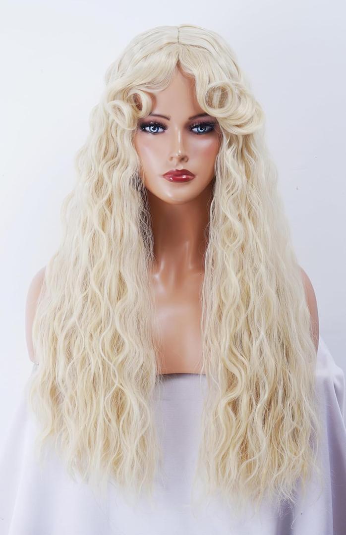 Long Blonde Wig for Women Vintage Water Wavy Gold Wig with bangs Synthetic Retro Wig for Halloween,Daily Use