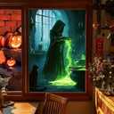 HOMETITUTE Halloween Window Film 31x47 Inch Witch Window Sticker Halloween Windows Cling Potion Green Glow Black Cat Windows Privacy Film Halloweens Decor for Door Glass Panel Kitchen Porch