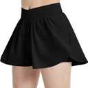 EXARUS Girls Crossover Shorts Butterfly Flowy Cheer Flutter Dance Skort | Teen 2 in 1 Skirt Athletic Running Sports Youth Tween Summer Clothes Workout Tennis Kids Casual Track Gym Pockets 6-14Y (Black)