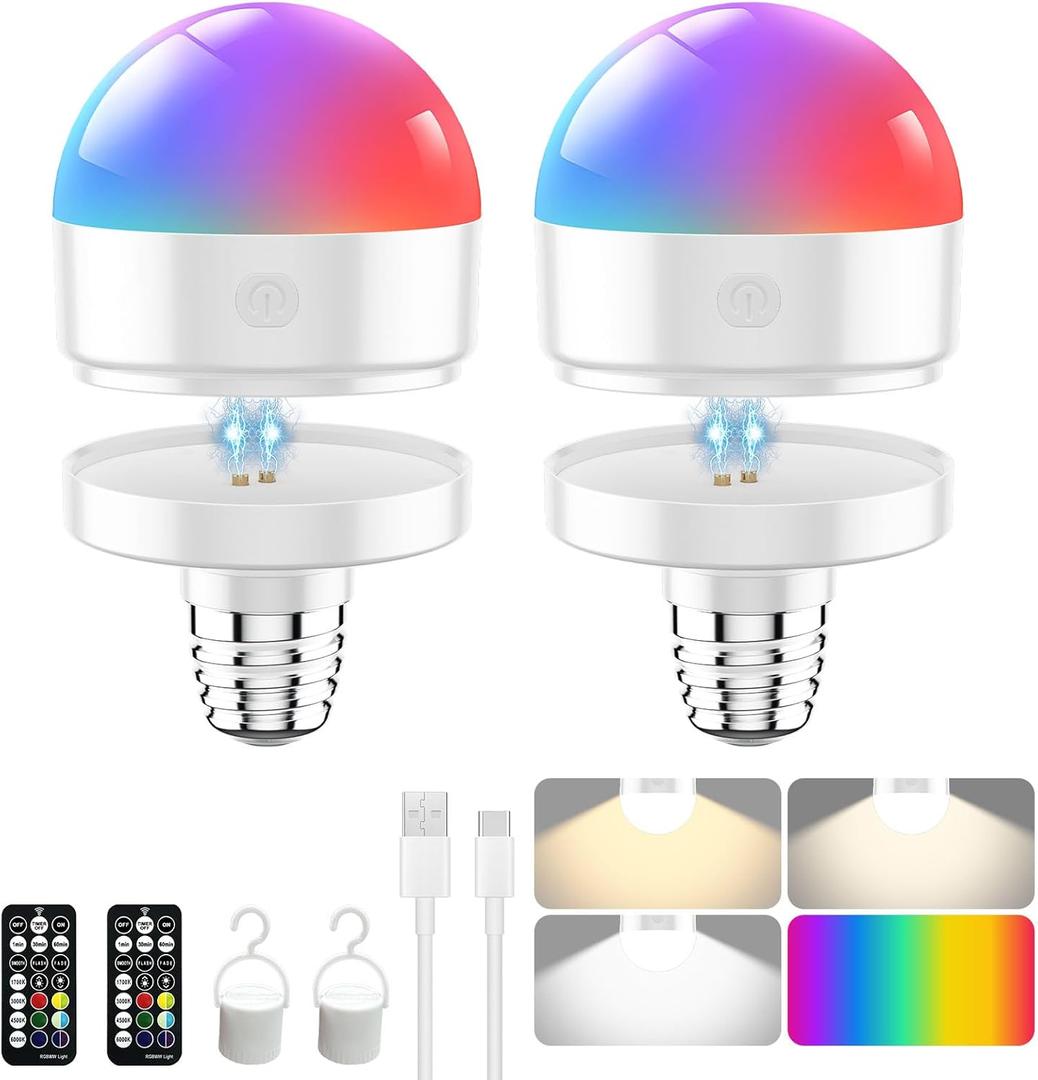 Rechargeable Light Bulb E26 with Auto Charging - Magnetic Wireless Charging Bulb with Remote & Timer, Battery Backup for Sconces & Lamps, 4 Color Temperatures + 9 RGB Colors, Dimmable, 2 Pack