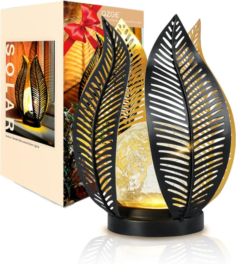Solar Garden Lights Waterproof Decorations,Crackle Globe Glass,Metal Palm Leaf Solar Lights for Outdoor Decor On Garden,Patio,Yard,Front Porch,Tabletop Lamp-Perfect Gifts (golden/black)