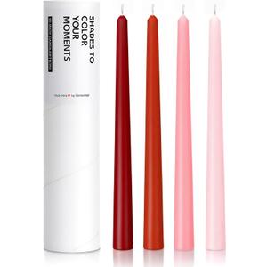 10" Classic Taper Candles, Red & Pink Shades, 4-Pack, 7-8 Hours Long Burning, Unscented Tall Candlesticks