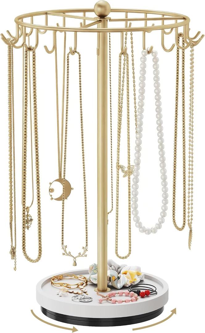 NiHome 360 Rotating Necklace Holder Stand, 24-Hook Metal Jewelry Organizer with Wooden Base Tray, Tangle-Free Display for Necklaces, Bracelets, Earrings, and Accessories, Ideal for Vanity or Dresser