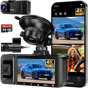 3 Channel Dash Cam Front Inside and Rear Wireless, 4K +1080P Car Dash Camera with Night Vision, 64GB Card, APP Control, Loop Recording, Built-in WiFi, G-Sensor, 24H Parking Mode, 3" IPS Screen