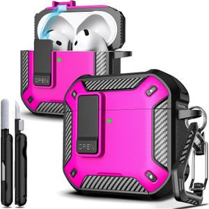 R-fun for AirPods 4 Case with Cleaning Kit,Carbon Fiber Elements Military Drop Proof Auto Pop up Cover, Phone Stand and Magnetic Base with Carabiner Hook Compatible with AirPods 4th Gen 2024,Blk/Rose