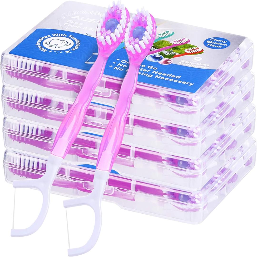 36 Pack Mini Disposable Toothbrushes  5-in-1 Prepasted Travel Toothbrush with Toothpaste Floss & Pick for Hotel Camping Flight Car Guest Use  9ct per Portable Case Essentials for Women Men Kids (36 Pack Cherry Blossom Flavor)