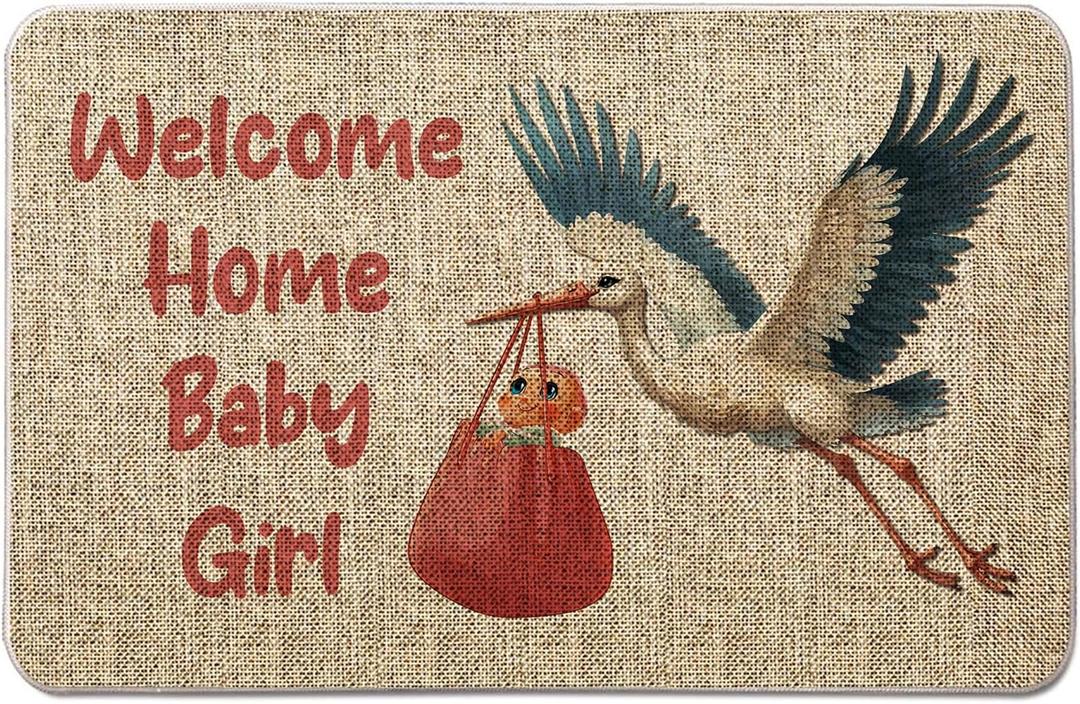 QIONG MENG Welcome Home Baby Girl Door Mat Welcome Doormats Farmhouse Home Decor Entrance Rug Kitchen Floor Front Door Mat 17 x 27 Inch for Welcome Baby Sign Decorations